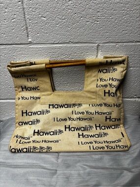 Vintage I Love You Hawaii Canvas Tote Bag Wooden Dowel Handles Beach Bag